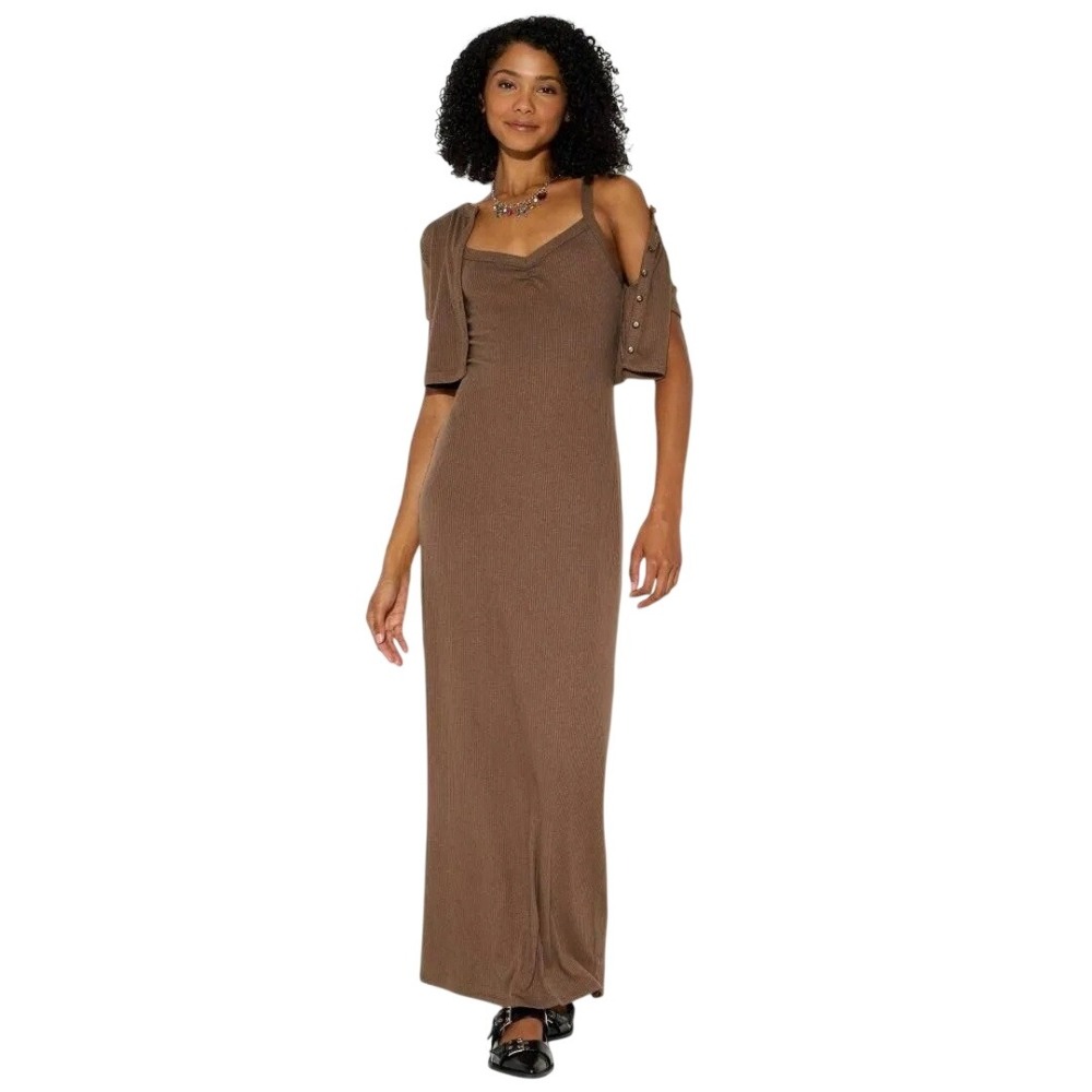 Wild Fable Women's Brown Ribbed 2pc Maxi Dress and Cardigan‎ Set Size XXS